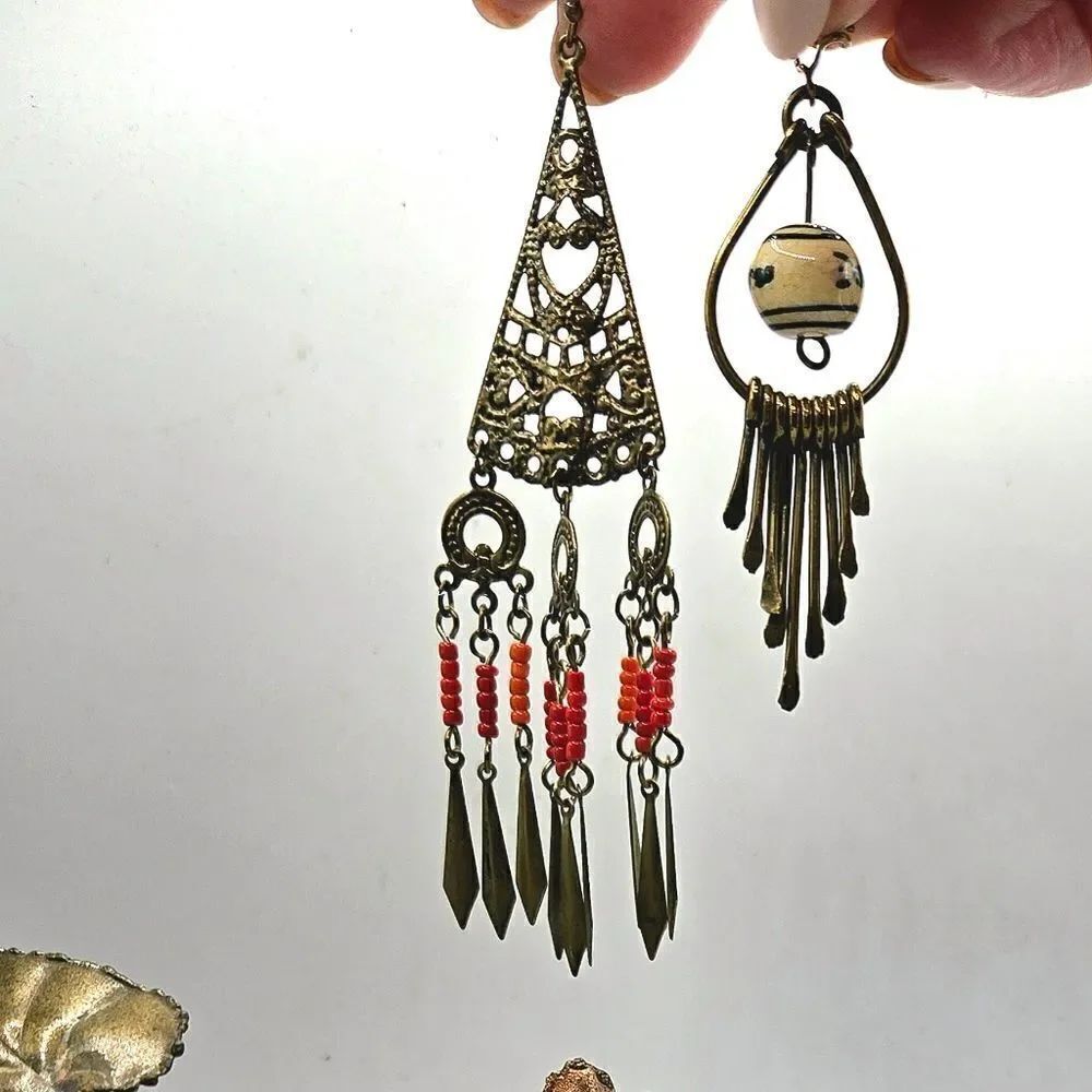 "5/$40" Vintage Brasstone Mismatched Boho Long Beaded Dangle Earrings